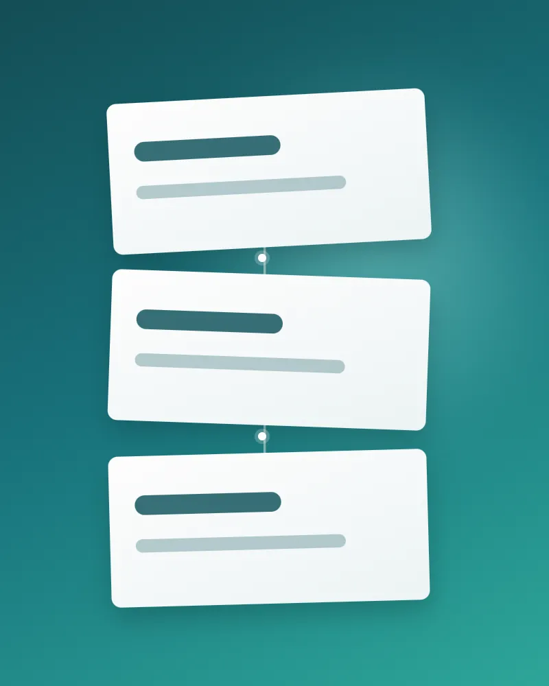 Three tilted panels on a teal ground, separated by short connectors with a dot at each joint