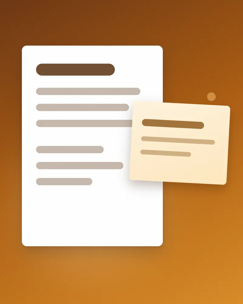 A white document on an amber ground with a smaller note pinned over its right edge