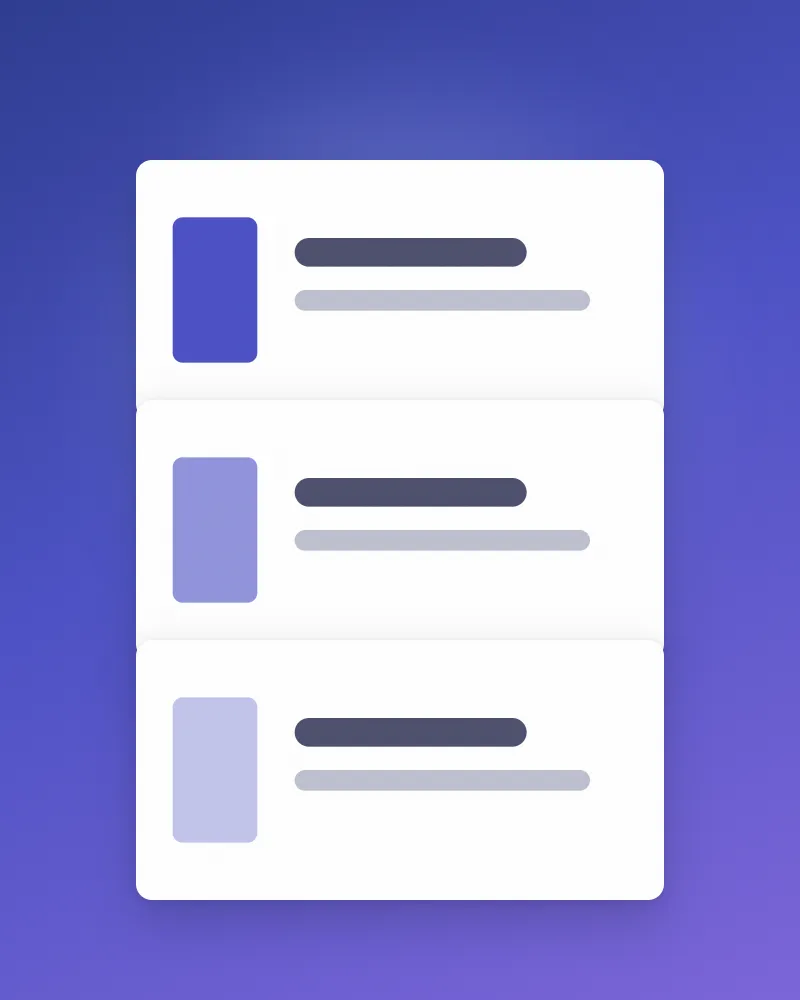 Three identical cards on a violet ground, each with a colour swatch a shade paler than the one above it