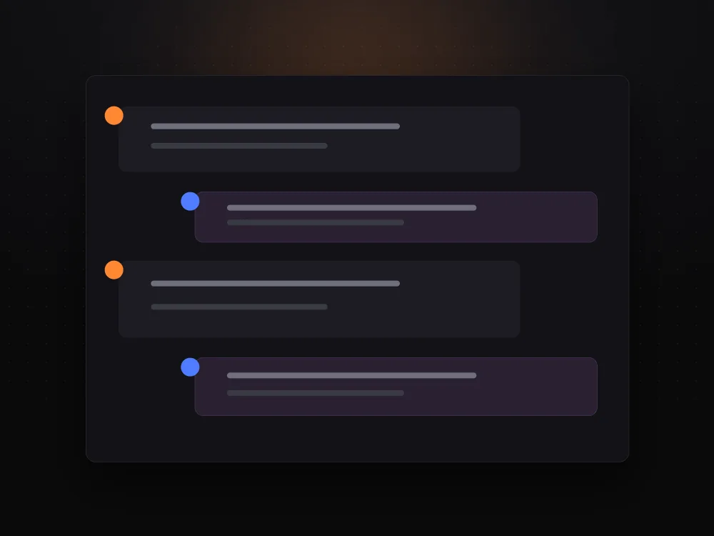 A dark panel of alternating message cards, each with a small coloured avatar dot