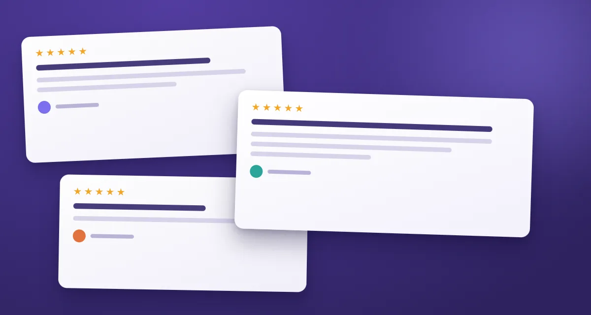 Three overlapping review cards with five-star rows and placeholder text, on a violet ground